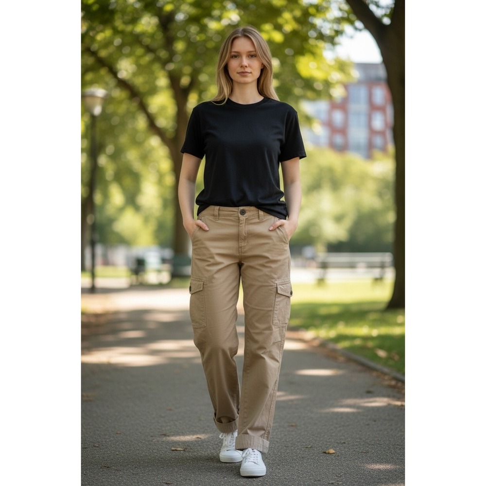 Natural Reflections Khaki Cargo Pants Tan Plaid Trim Utility Plus Size 16 NWOT